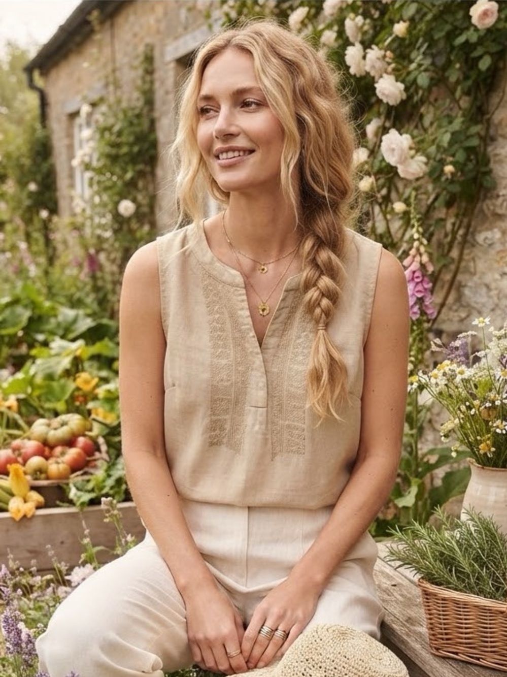 55% Linen Blend Women’s Tan Embroidered Sleeveless Top Size XL (Approx)